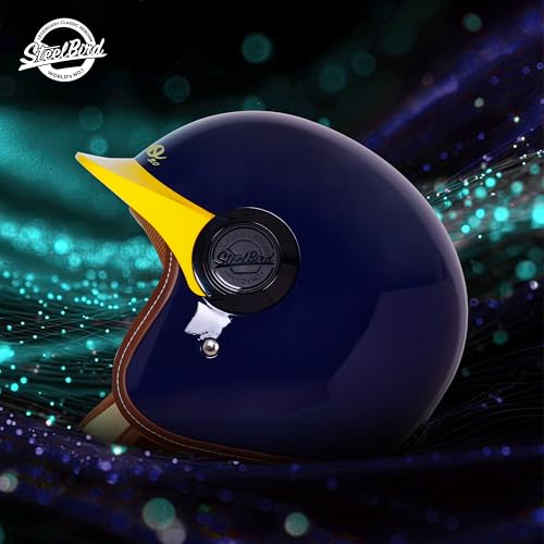 Image of Steelbird SBH 65 Retro 3.0 DOT and ISI Certified Open Face Helmet for Men and Women (X-Large 620 MM,Glossy Navy Blue with Yellow Peak)