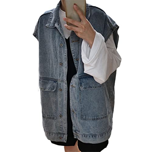 Gilet en jean sans manches grande poche veste denim femme ample coupe décontractée rétro taille M