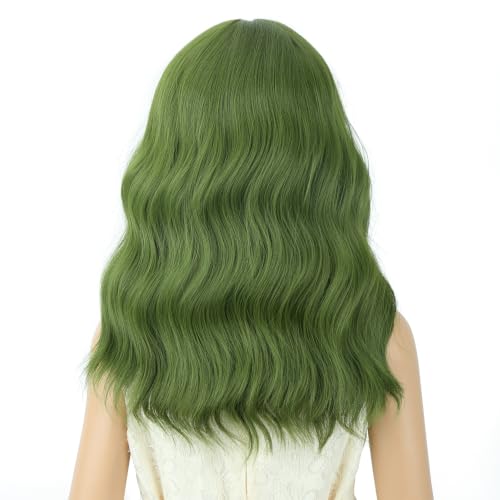 Image of PATTNIUM Olive Green Wig for Kids Girls Short Green Curly Wigs with Bangs Shoulder Length Wavy Heat Resistant Synthetic Wig