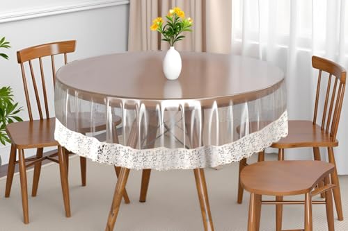 Image of The Furnishing Tree Round Shaped 4 Seater Transparent Table Cover Size 54x54 inches 0.25 mm Thickness with White Lace