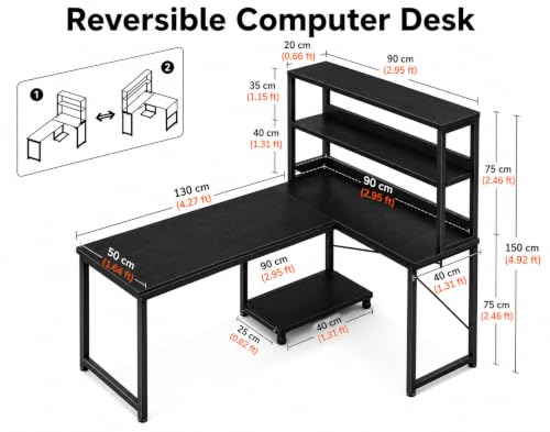 Image of Reversible L Shaped Computer Desk with Storage Shelves | Wooden Corner Study Table with Black Metal Frame | Home Office Workstation Desk | Table for Computer Setup| Black |130x50x150 cm
