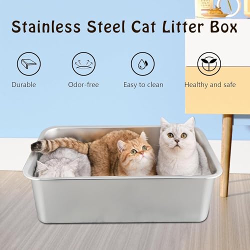Kattenbak kattenbak, roestvrijstalen kattenbak, grote kattenbak, 49,5 cm L x 34,3 cm B x 15,2 cm H, absorbeert nooit geuren, roestvrij, plakt niet glad oppervlak - Afbeelding 3