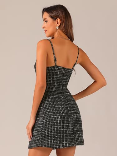 Image of Allegra K Plaid Dress for Women's Button Decor Spaghetti Strap Tweed Dresses