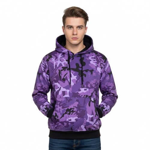 A2Z Mens Fleece Hoodie Pullover Hooded Jumper Sweatshirt - Plain Sweatshirt Camo Purple 4XL