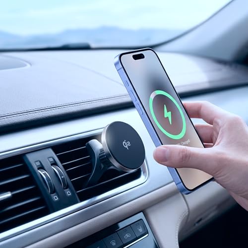 Image of Ambrane Qi2 Magsafe Car Charger, 2-in-1 Purpose: Car Charger & Mobile Stand, Perfect for Daily Commute or Long Travels, 15W Fast Wireless Charging, Attaches onto Air Vents (AerosynQ 3, Black)