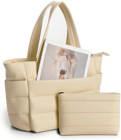 Tote Bag for Women, Quilted Puffer Tote Purses with Compartments, Lightweight Shoulder Bag Handbags for Work, Travel