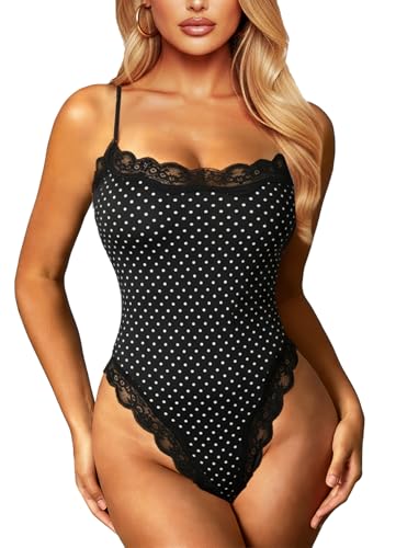 Image of Navneet Women Sexy Lace Bodysuit Lace Trim High Cut Thong Spaghetti Strap Cami Bodysuit Going Out Tank Tops Body Suit