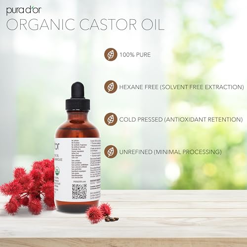 PURA D'OR Organic Castor Oil (118 ml) 100% Pure, Cold Pressed, Hexane Free Serum for Healthy Looking Lashes & Brows, and Moisturizes Skin - Image 3