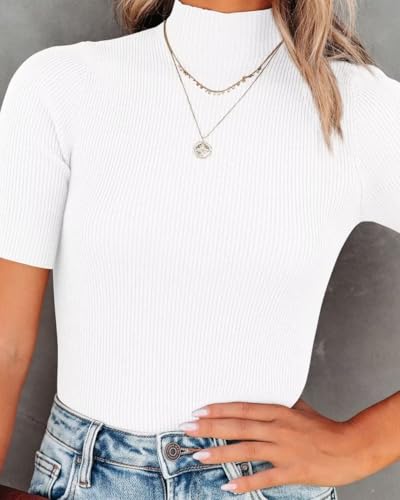Image of Lacozy Women's Basic Tops Ribbed Mock Turtle Neck Slim Tops Short Sleeve Plain Sweater Tops White Size XL