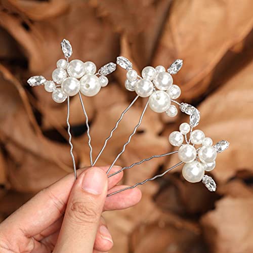 Casdre Pearl Bridal Hair Pins Silver Crystal Bride Wedding Hair Accessories Wedding Headpiece for Women and Girls(Pack of 3)