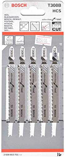 Bosch 2608663751 T308B Ex-Clean Jigsaw Blade, Straight Soft, 20.1cm x 0.8cm x 2.7cm, Silver, Pack of 5