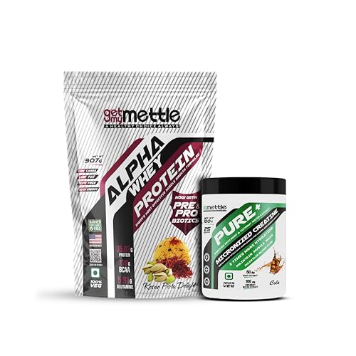 Image of Getmymettle Alpha Whey Protein 907g Kesar Pista Flavor, Whey Protein with Creatine, 100g - Enhanced with Probiotics & Prebiotics for Absorption