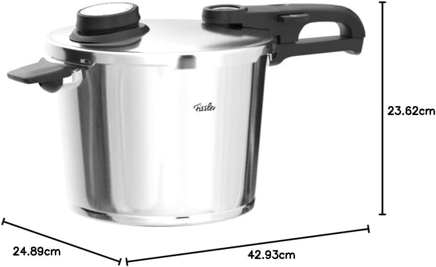 Side view of the Fissler Vitavit Premium Pressure Cooker with dimensions in centimeters: 24.89cm width, 42.93cm length, 23.62cm height.