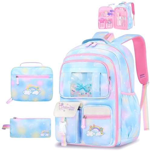 Schxuw Mochilas para niñas, Azul, M, Bonito arcoíris