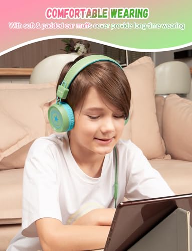 Image of New Bee 2 Pack Kids Headphones with Microphone, 85dB /94dB Safe Volume Limited Childrens Headset, Foldable Wired Toddler Headphones Over Ear for School Travel Mac /Android /Kindle /Tablet /Pad- Green Pink