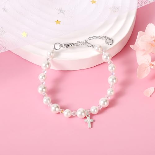Image of Pearl Cross Bracelets for Girls, Sterling Silver Baby Bracelet, Baptism Gifts for Girl, Christening and First Communion Christian Jewelry Gift for Kids