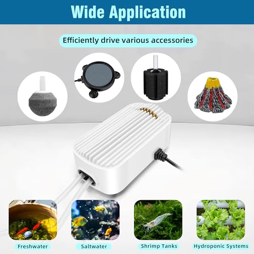 Image of Quiet Aquarium Air Pump 5W Fish Tank Oxygen Aerator Pump with Air Stone Airline Tubing Check Valve Aquarium Bubbler for 70-160 Gallon Fish Tanks