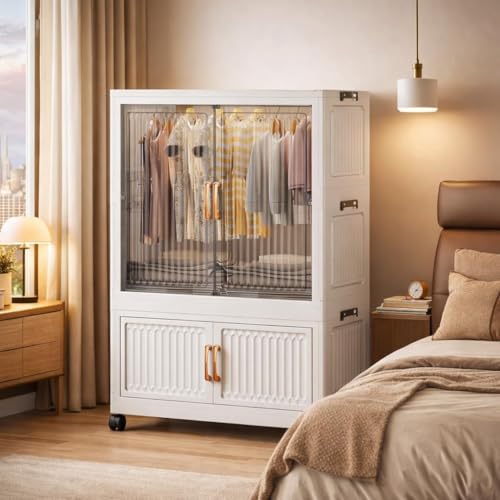 Image of Mevigo 2-Door Plastic Wardrobe for Kids| Almirah and Wardrobe for Baby Clothes| Modular Storage Cabinet with Wheel Organizer for Cupboard Rack for Clothes /Shoes /Books /Toy -White-Y711