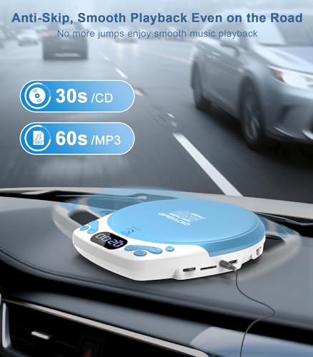Image of Greadio Portable CD Player with Headphones, Rechargeable CD Player for Home | Small CD Players with 60s Anti-Skip, Supports CD /MP3 /WMA /TF Card /AUX, Lock / Programmable / Timer (White Blue