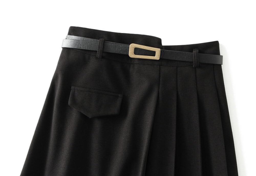 Jupe Plissée Midi Noire Jupes en Laine pour Femmes, Patchwork Chic Jupe Trapèze Taille Haute Froncée avec Ceinture Jupes Longues Unies pour Dames Filles Automne Hiver
