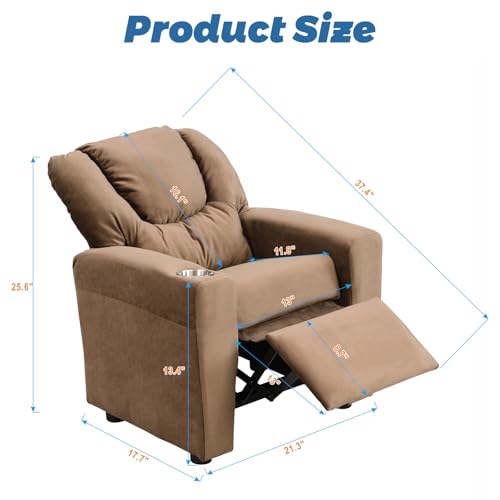 Anwick 2-in-1 Kids Recliner Chair with Cup Holder, Velvet Upholstered Single Sofa with Adjustable Footrest & Backrest, Toddler Recliners for Boys and Girls (Brown)