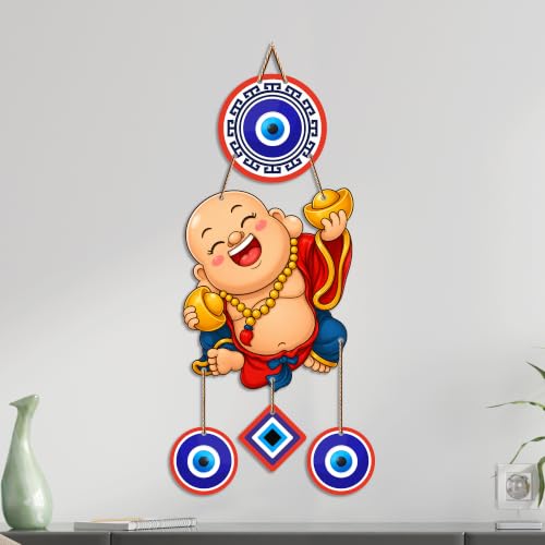 Image of Artvibes Happy Buddha with Gold Ingot Evil Eye Wall Hanging | Wealth Attraction Prosperity Decor | Lucky Nazar Battu Ornament for Home Entrance | Living Room | Office | Gift Item (WH 85144N)
