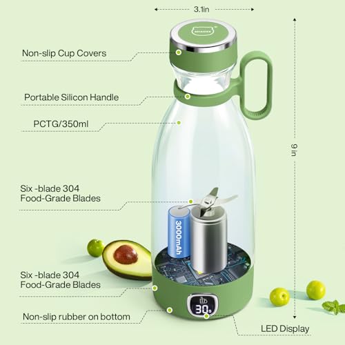 Image of 350ml Portable Blender, Fresh Juice Blender for Shakes & Smoothies-Green | For Juice Shakes and Smoothies,with Led Display Usb Rechargeable,3000mAh Rechargeable Battery,for Home Sport Outdoor Travel
