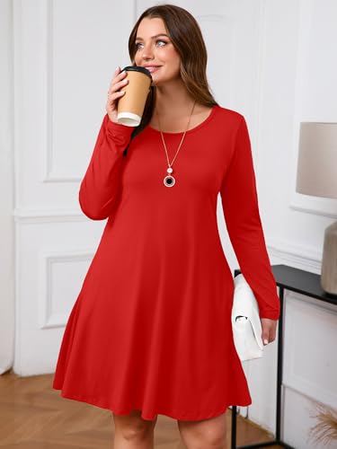 Image of AusLook Women's Plus Midi Dress Long Sleeve Crew Neck A-Line Swing Flowy Vacation Fall Wedding Guest Dresses with Pocket 1-5X