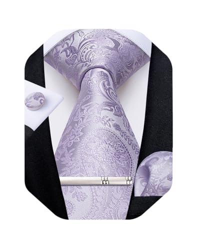 Image of DiBanGu Silk Floral Ties for Men Woven Paisley Necktie and Tie Clip Handkerchief Cufflinks Set for Party Wedding
