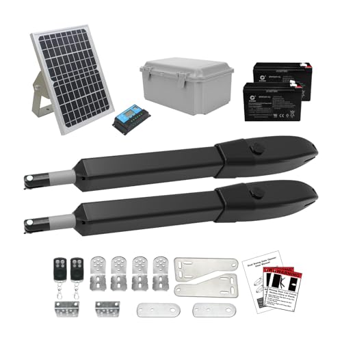 JUJIANG C026 Solar Gate Opener with Batteries & Solar Panel for Dual Swing Gates Up to 1540lb Automatic Gate Opener with Remote Complete Kit Medium Duty Electric Gate Opener Solar Powered 60W Motor