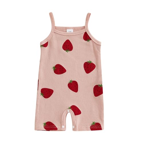 Baby Girl Strawberry Outfits Infant Summer Clothes Square Neck Spaghetti Strap Overalls Romper Jumpsuit