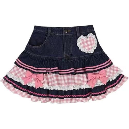 Denim Patchwork Gingham Heart Kawaii Ruffle Mini High Waist Bowknot Lace Ribbon Trim Puffy Cute Skirts