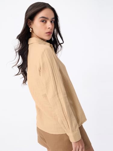 Image of The Souled Store Textured Shirt: Women and Girls Full Sleeves Spread Collar Solid Cotton Regular Fit Lightweight All-Season Shirt for Casual Wear