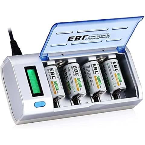 EBL LCD Universal Battery Charger & Discharger with 4 x Ni-MH C Size Rechargable Battery 5000mAh Cover