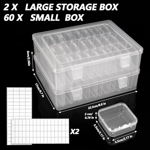 Image of Clear Plastic Bead Organizer Storage Box Container, 60 Pcs Small Rectangle Plastic Beads Containers with Lids, 2 Large Bead Organizers for DIY Art Craft Bracelet Jewelry Making