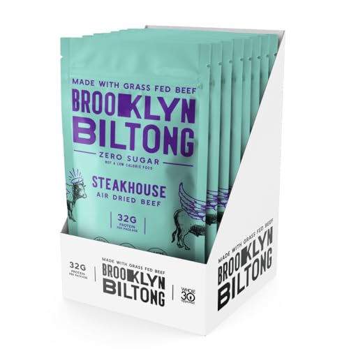 Brooklyn Biltong Air Dried Grass Fed Beef Snack (2 oz, Pack of 8) - Whole30 Approved, Paleo, Keto, Gluten Free, Sugar Free, Made in USA - (Steakhouse)