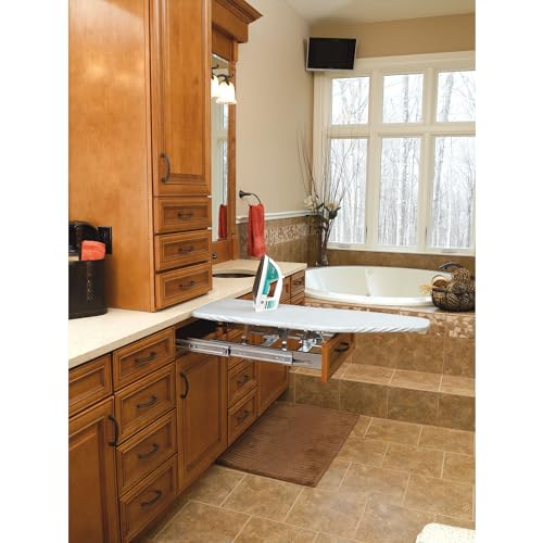 Image of Rev-A-Shelf Pull Out Adjustable Folding Retractable Ironing Board w /Ball-Bearing Slide for Bathroom /Closet Vanity Cabinet Drawer, Gray, VIB-20CR