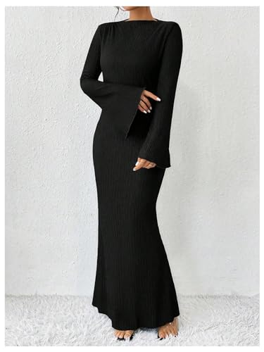 Image of GORGLITTER Women's Bell Long Sleeve Cocktail Maxi Dress Crew Neck Bodycon Fishtail Casual Long Dresses