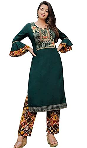 Image of Women Ethnic Set of Rayon Crop Top Skirt and Shrug || Classy Crop Top Kurti with Skirt and Shrug Jacket || Embroidered Ethnic Kurta Set (X-Large, Bottle Green)