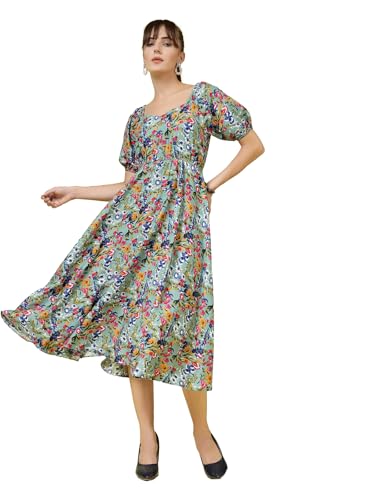 Image of OOMPH! Below Knee Shift Pink Dress in Crepe Fabric with Round Neck and Puff Sleeves - md619l