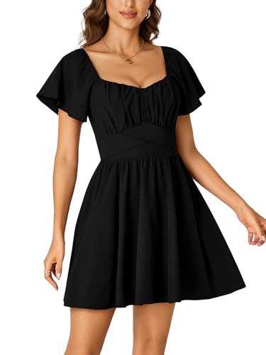 Rooscier Women's Tie Back Square Neck Wrap Ruffle Short Sleeve Flare Mini Dress4