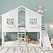 Kinderbett Etagenbett 90x200, Hochbett Hausbett mit Rutsche&Leiter&Fenstern&Dach&Aufbewahrungsbox, Stockbett Doppelbett Holzbett Jugendbett mit Lattenrost&Rausfallschutz, Kiefer, Ohne Matratze, Weiß