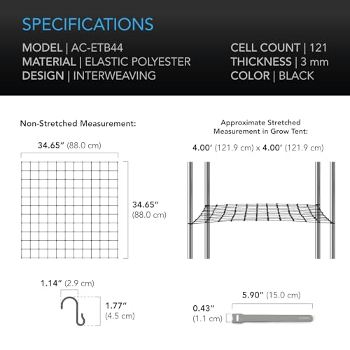 AC Infinity Grow Tent Trellis Net 4x4ft Durable Elastic Plant Net with Steel Hooks Flexible Hydroponics Support Grow Tent Gardening Gardening