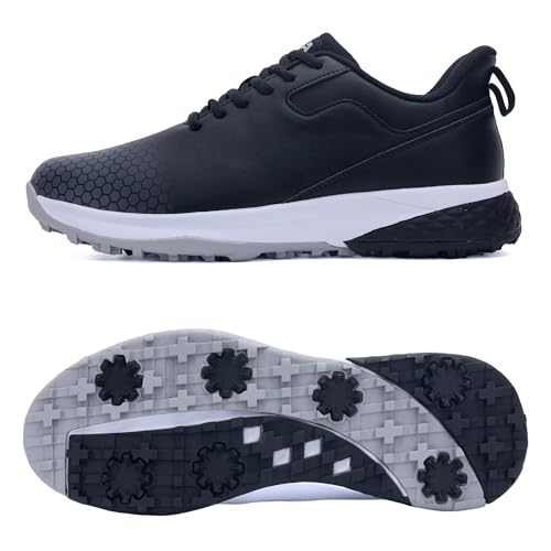 HuJAT Men's Spiked Golf Shoes Slip-On Waterproof Non-Slip Comfortable Outdoor Walking Footwear for Golfers BlackGrey US Size 11