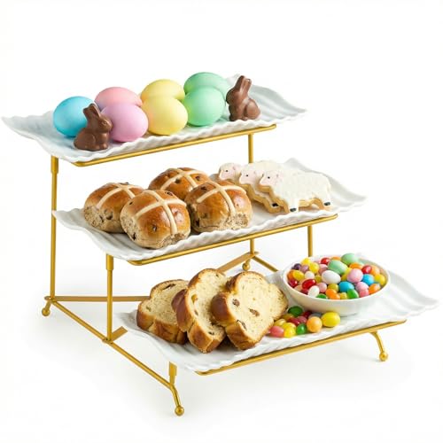 LAUCHUH 3 Tier Trays Stand, Porcelain Serving Trays Collapsible Sturdier Stand Serving Platters Dessert Table Display Set for Indoor Party, Entertaining, Easter, Gold, 12.2 Inch