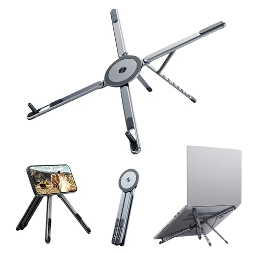 Image of 4-in-1 Foldable Laptop Stand, Magnetic Phone Stand & Selfie Stick with 180 Rotating Magnetic Head, Portable Travel Laptop Holder Tripod, 8-Level Ergonomic Height Adjustable Stand (Grey, 1 PCS)