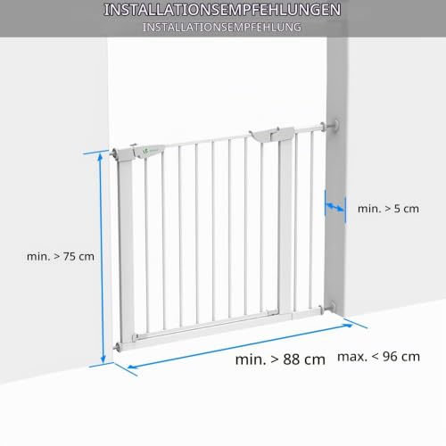 VOUNOT Treppenschutzgitter 75–96cm, ohne Bohren, Türschutzgitter für Kinder, Hunde und Katzen,Treppengitter, Magnetverschluss, 90° Stop, Weiß