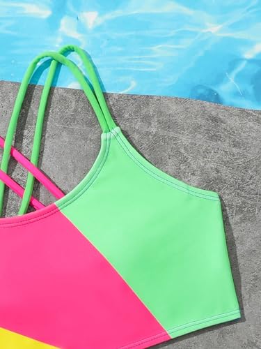 Image of Milumia Girl's 2 Piece Bikini Sets Textured Spaghetti Strap Swimsuit Bathing Suit Color Block 10 Years