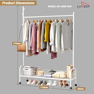 Lukzer | MGR-003 | White | Metal Garment Rack with Wheels, Bottom Shelf & Single Rod – Cloth Organizer for Hanging Kurtas, Jackets, Bags in Bedroom, Office, Hostel & More | 173 x 110 x 35 cm