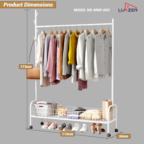 Lukzer | MGR-003 | White | Metal Garment Rack with Wheels, Bottom Shelf & Single Rod – Cloth Organizer for Hanging Kurtas, Jackets, Bags in Bedroom, Office, Hostel & More | 173 x 110 x 35 cm